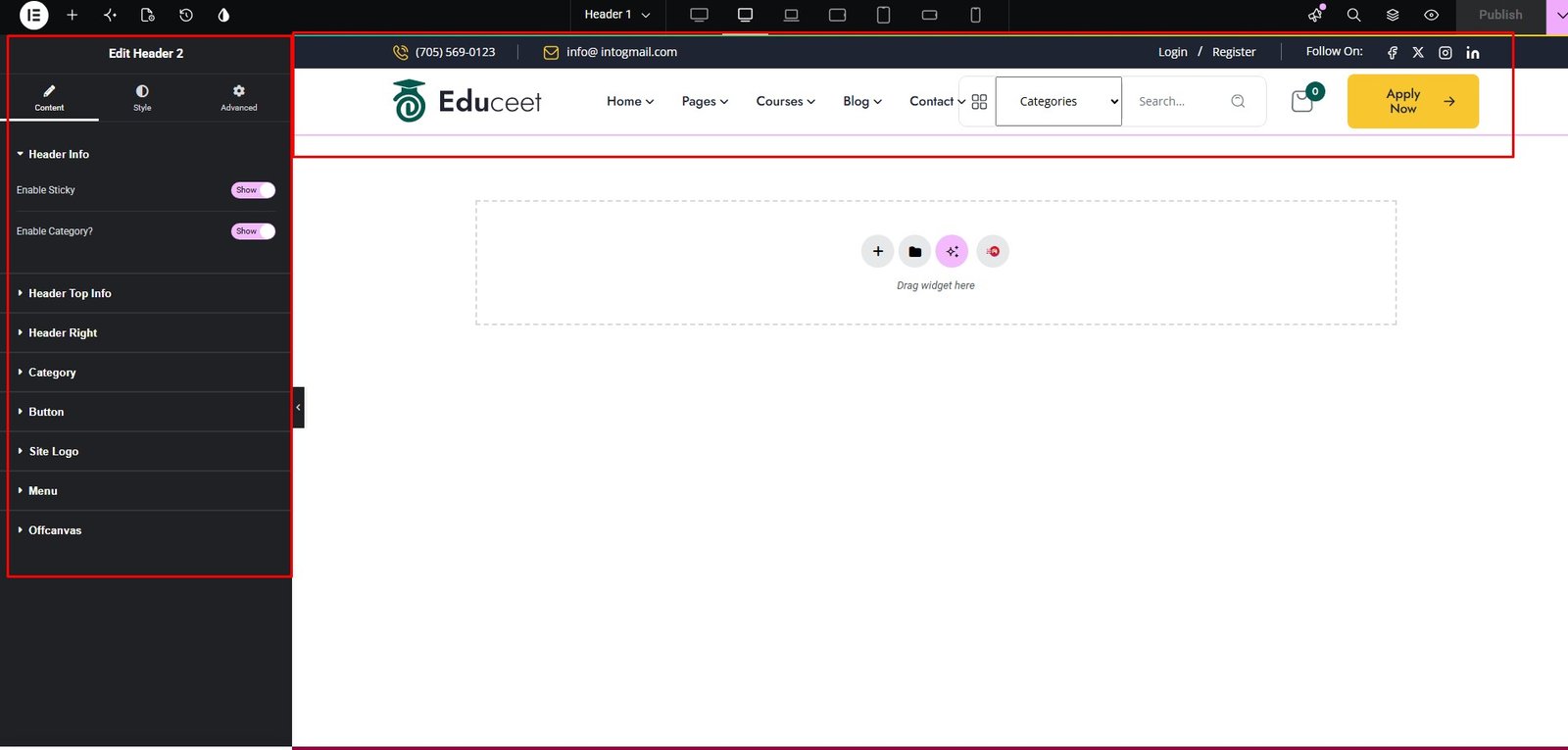 Header in Elementor